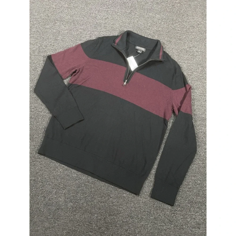 New Banana Republic Sweater Men's Medium Black Burgundy Striped 1/4 Zip Cashmere
